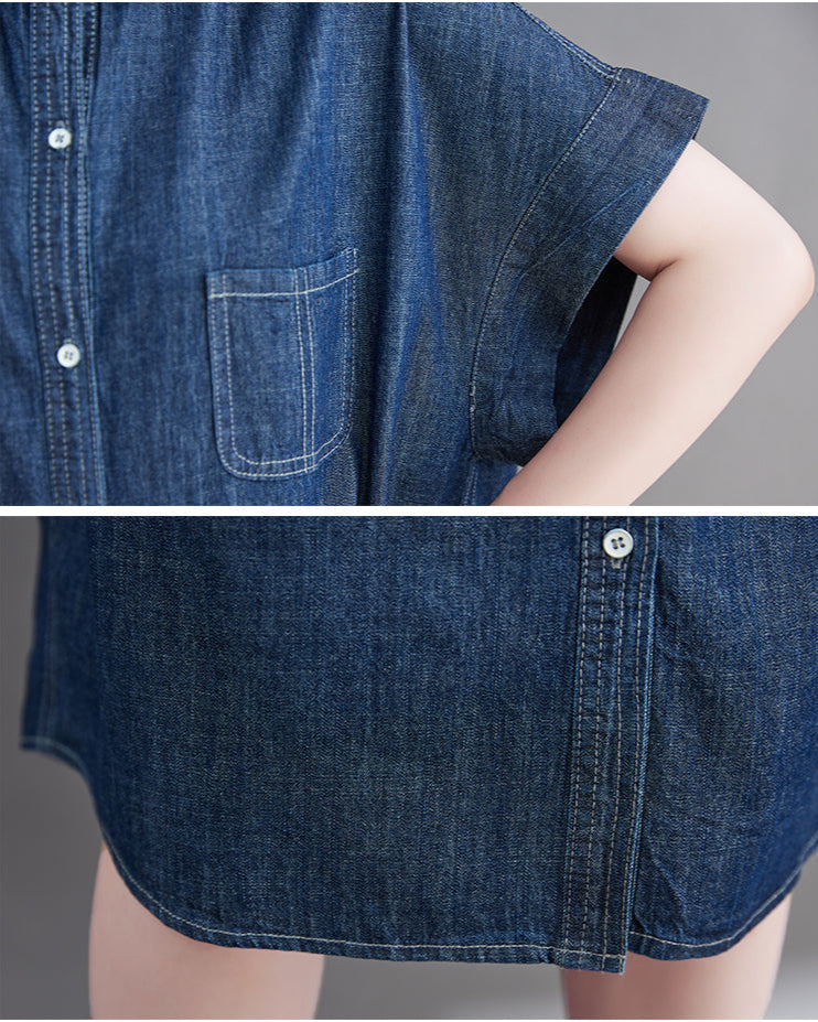 Denim shirt with a pocket and button details on a gray background
