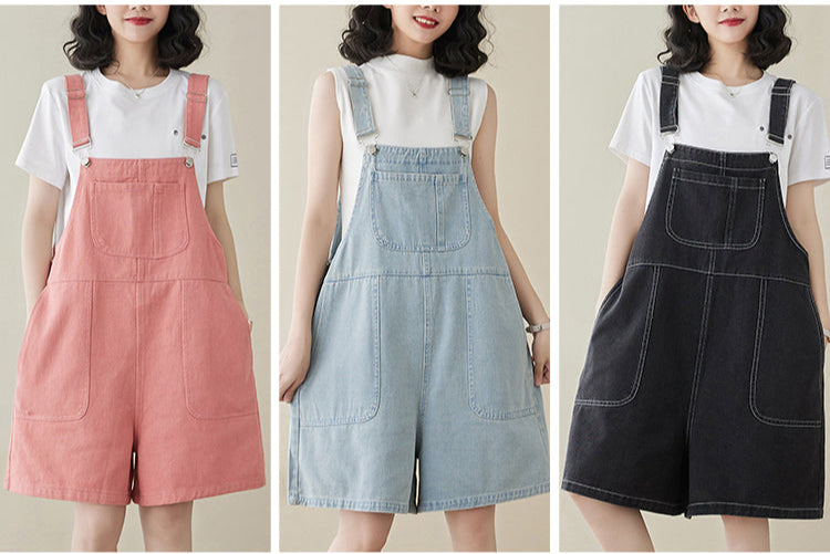Three different colored overalls worn by a model on a white background