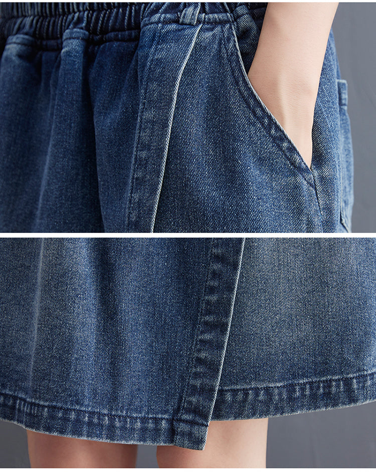 Close-up of a blue denim skirt with a gray background