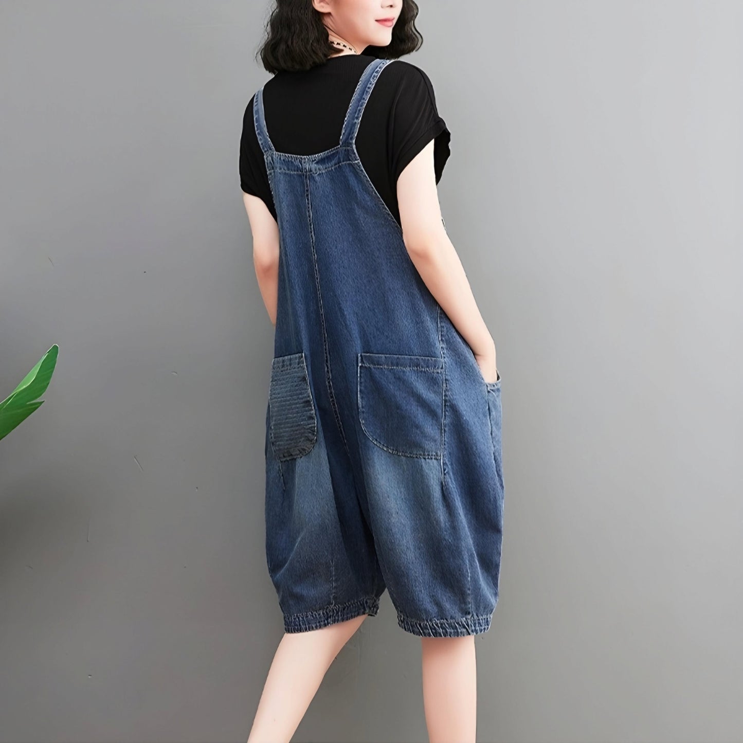Knee-Length Denim Overall Jumpsuit