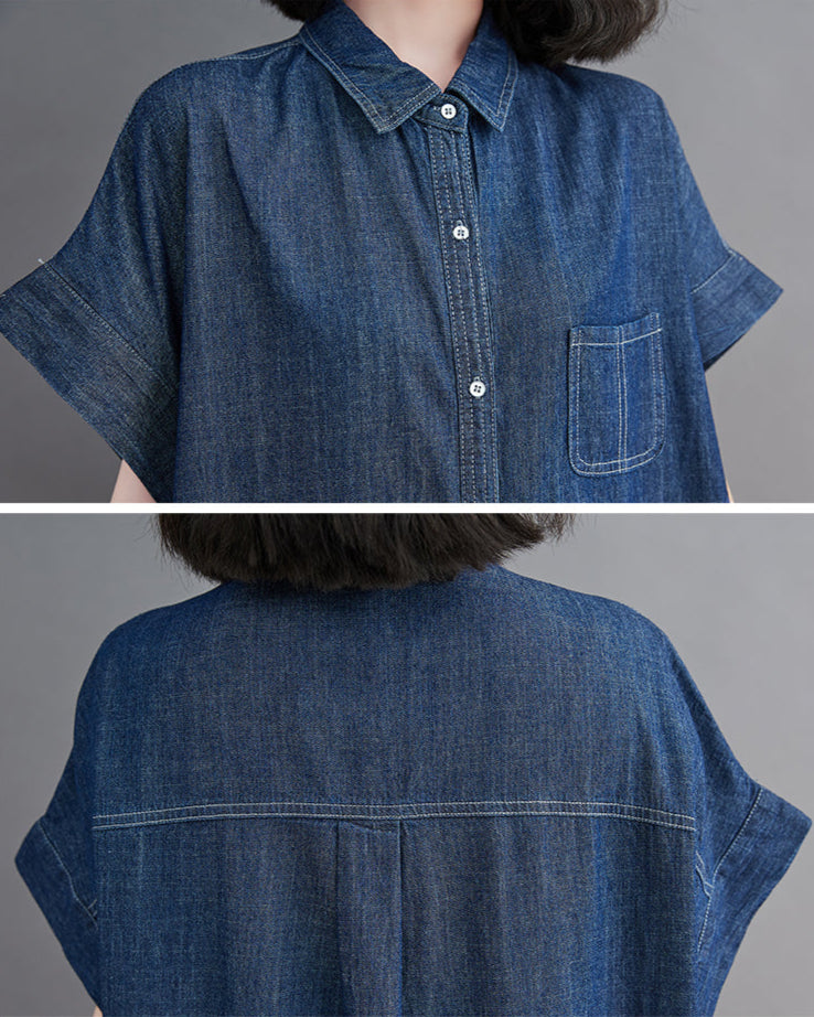 Blue denim shirt shown from front and back on a gray background