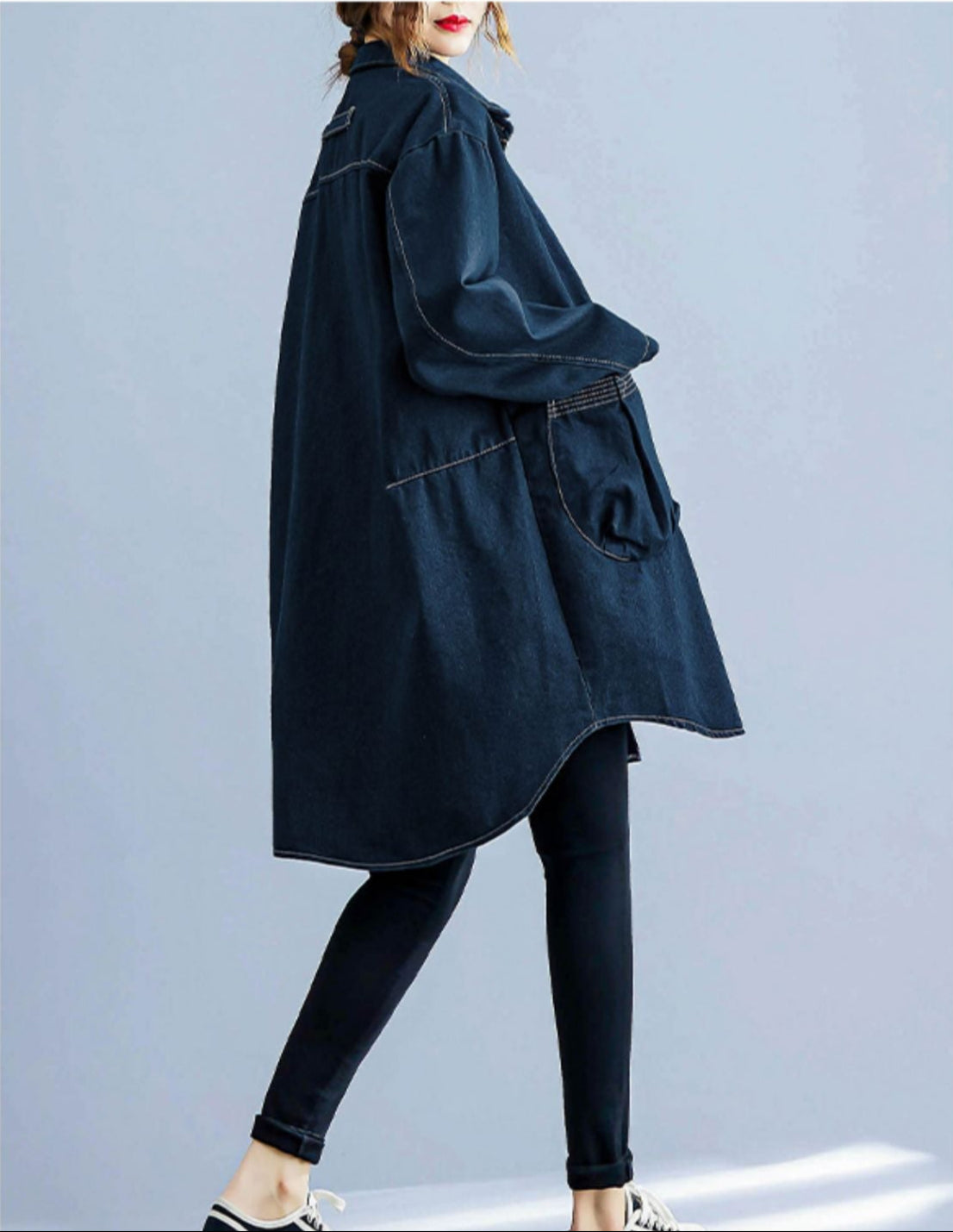 Woman wearing a blue denim coat with text 'MIFEIER NEW PRODUCTS' on a light gray background