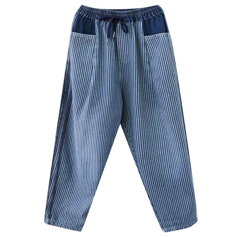 Blue striped pants with a drawstring on a white background