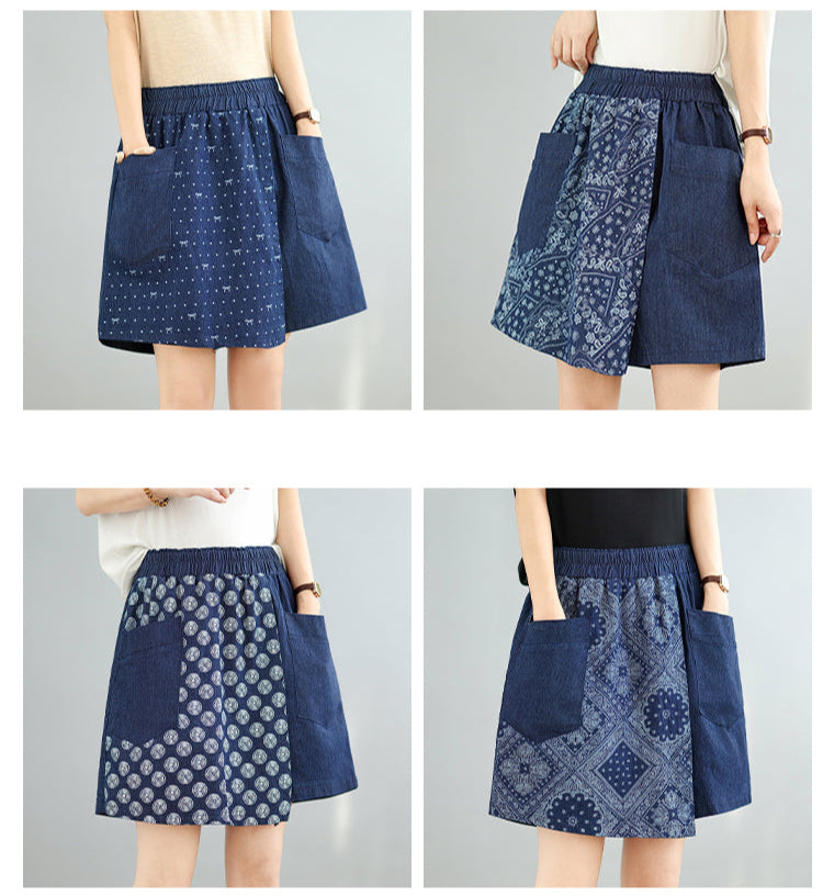Four views of a blue patterned skirt on a plain background