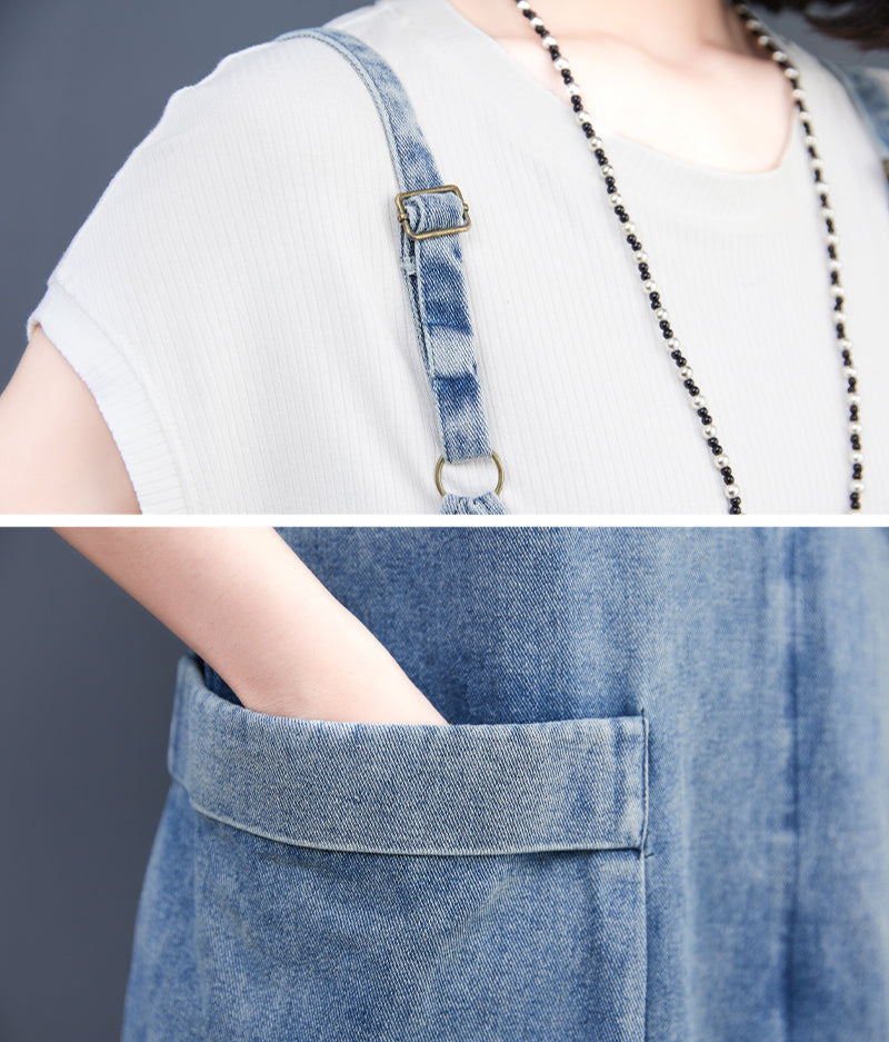 Close-up of a denim dress with a strap and pocket detail on a gray background