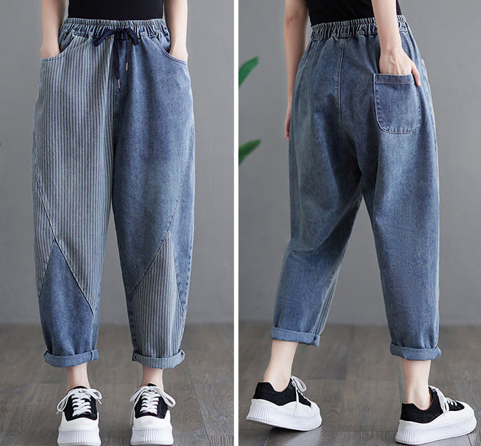 Two views of blue denim pants worn by a person on a gray background.