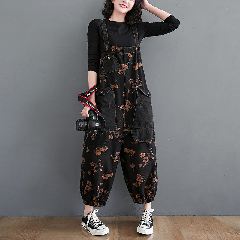 Black Denim Overalls Floral Print Dungaree