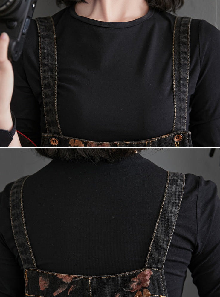Black Denim Overalls Floral Print Dungaree - Zen Breaker