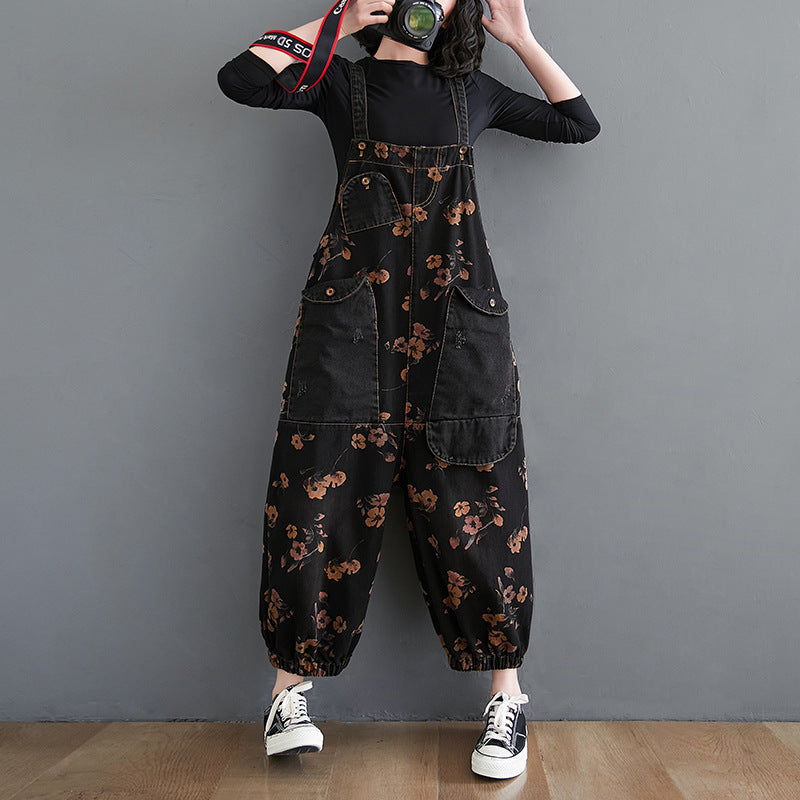Black Denim Overalls Floral Print Dungaree