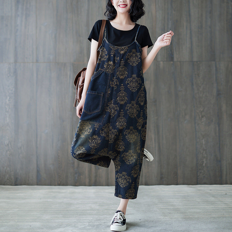 Bohemian Denim Cropped Harem Jumpsuit