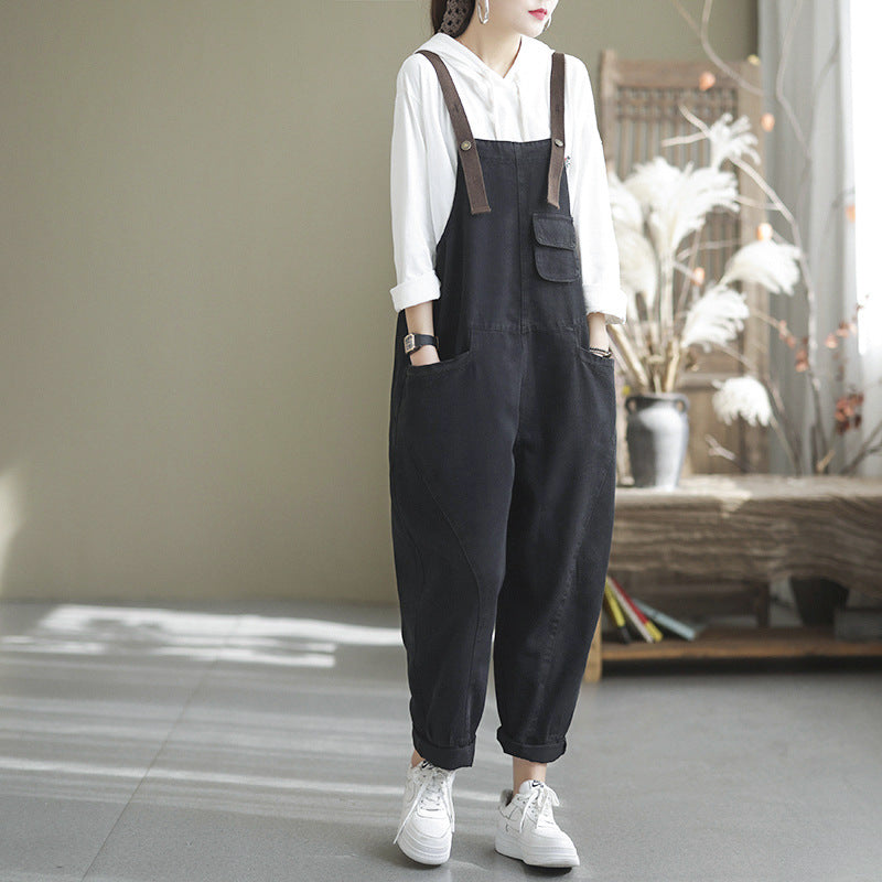 Black Casual Loose Fit Denim Overalls