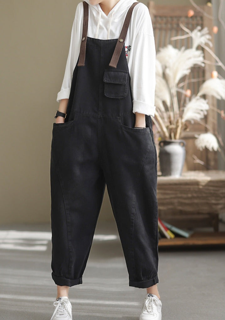 Black Casual Loose Fit Denim Overalls