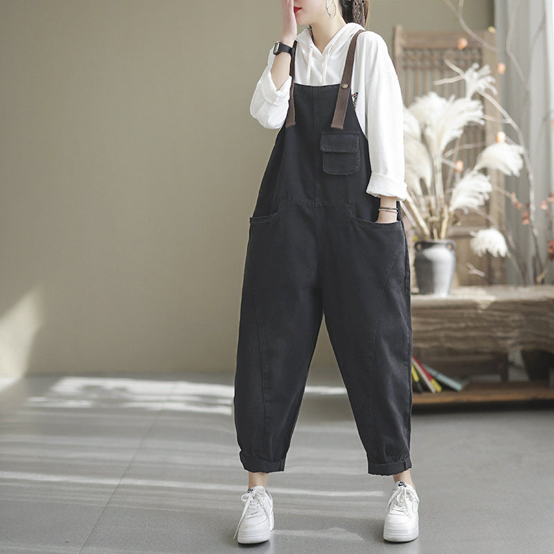 Black Casual Loose Fit Denim Overalls