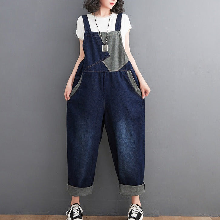 Contrast Patchwork Denim Overalls