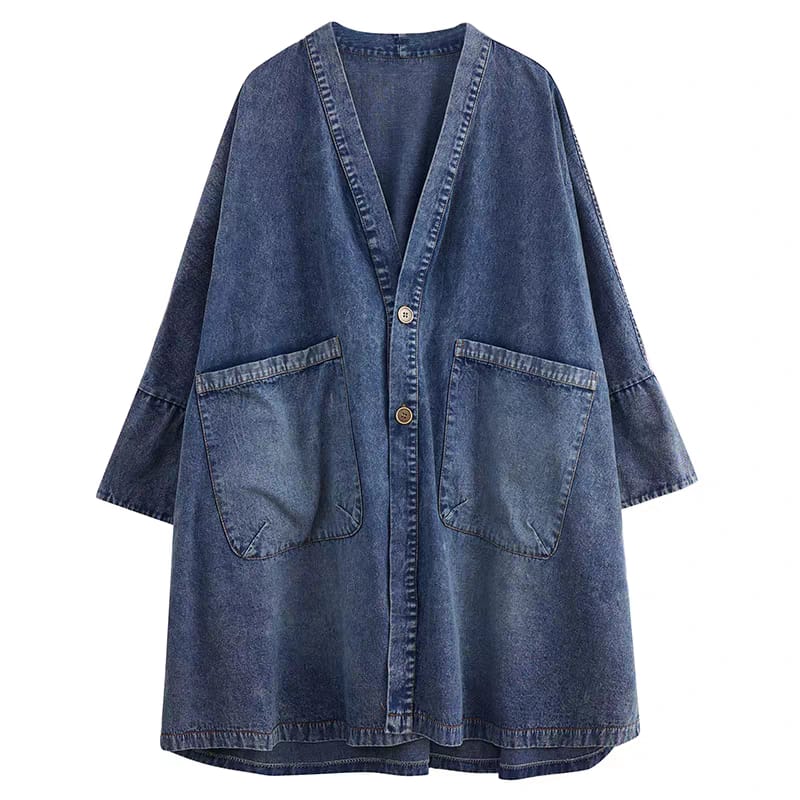 Blue denim cardigan with pockets on a white background