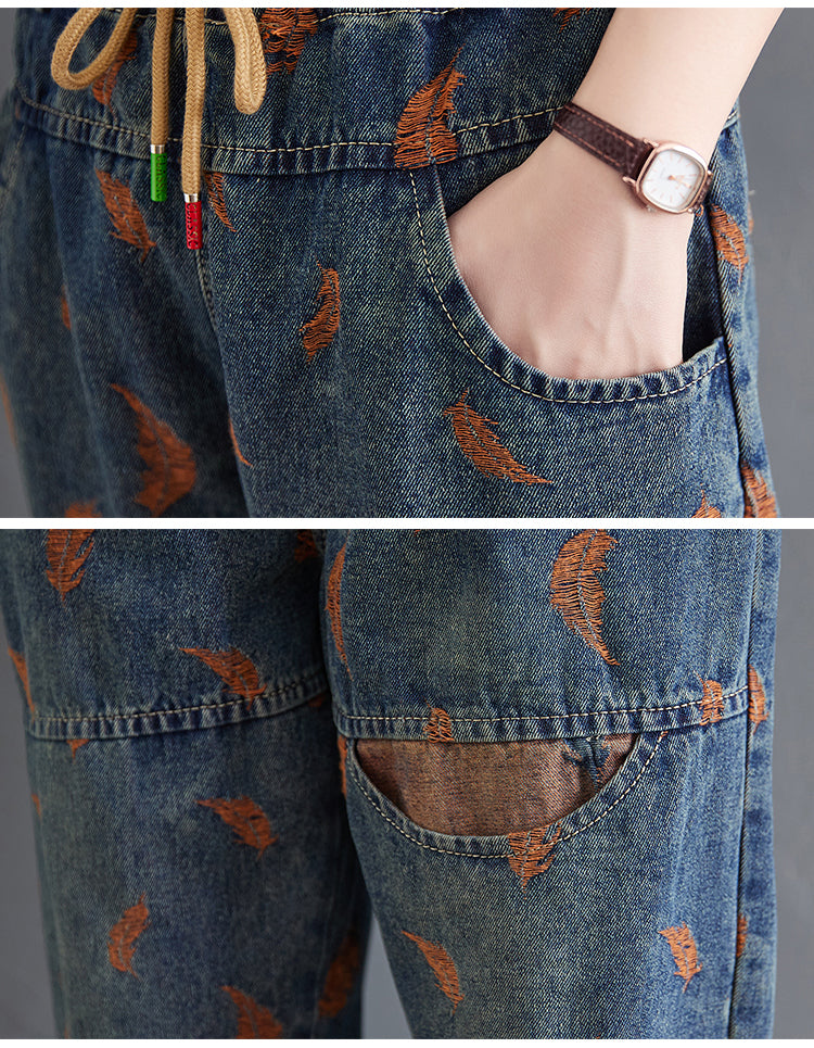 Embroidered Feather Denim Pants