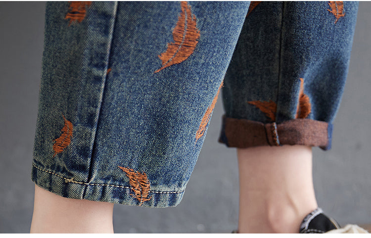 Embroidered Feather Denim Pants
