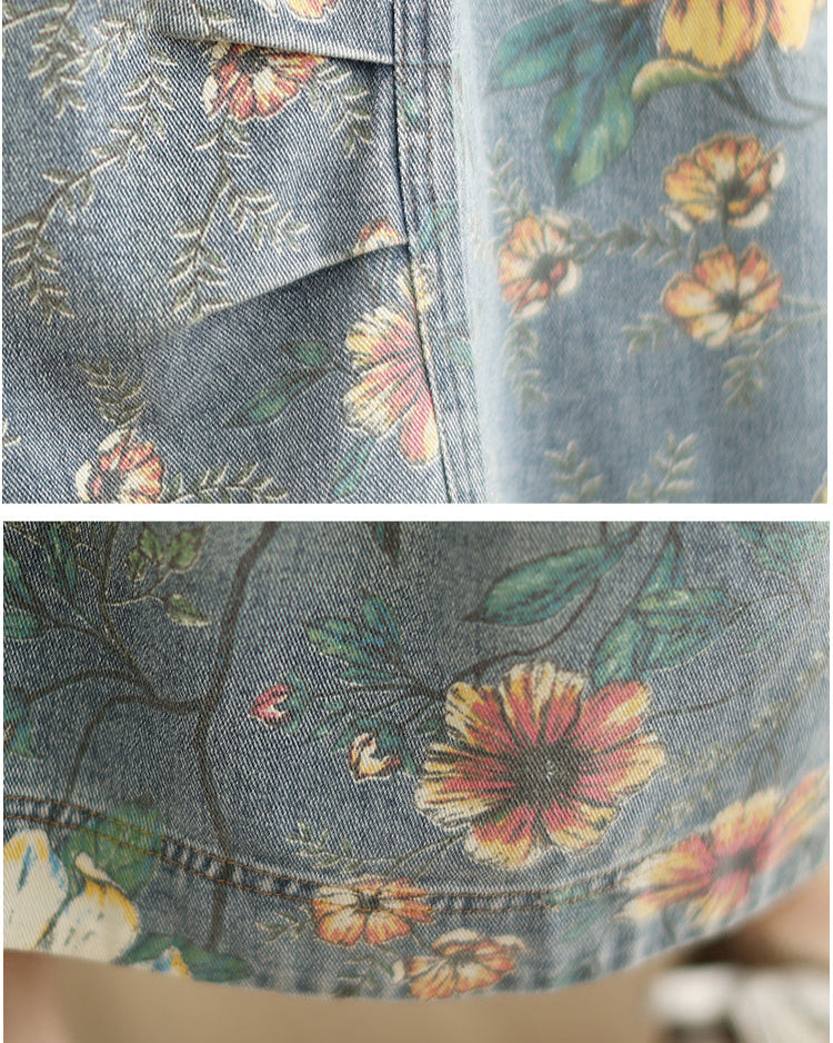 Floral patterned denim shirt with a close-up of the fabric texture.