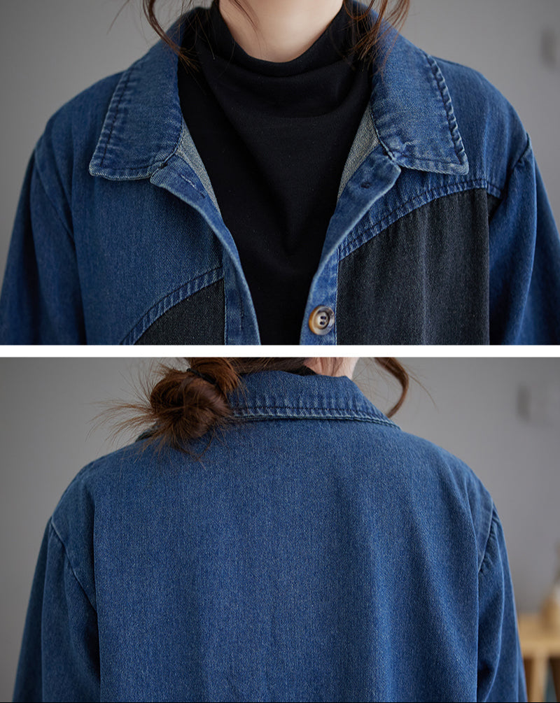 Blue denim jacket worn by a person, with close-up details on the collar and back.
