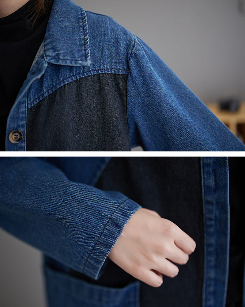 Collage of a person wearing a blue denim jacket over a dark shirt.