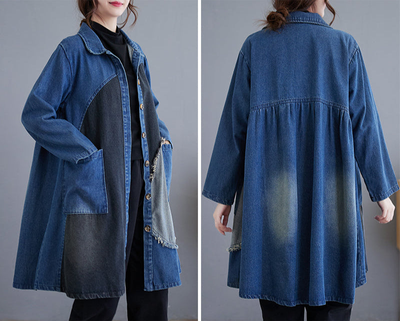 Blue denim coat shown from front and back on a gray background