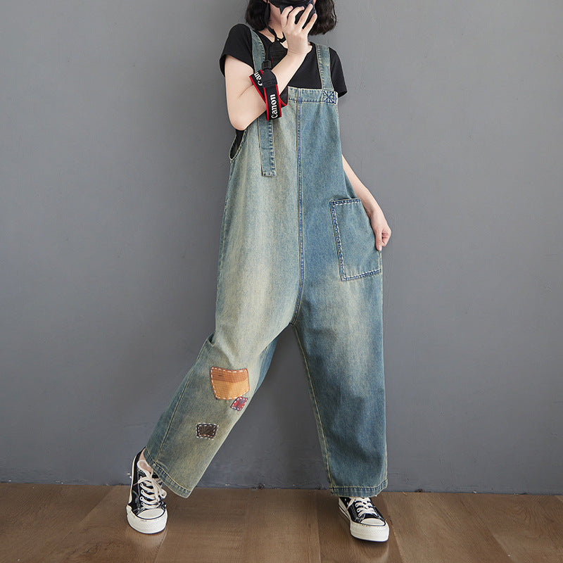 Patchwork Denim Loose Fit Dungaree