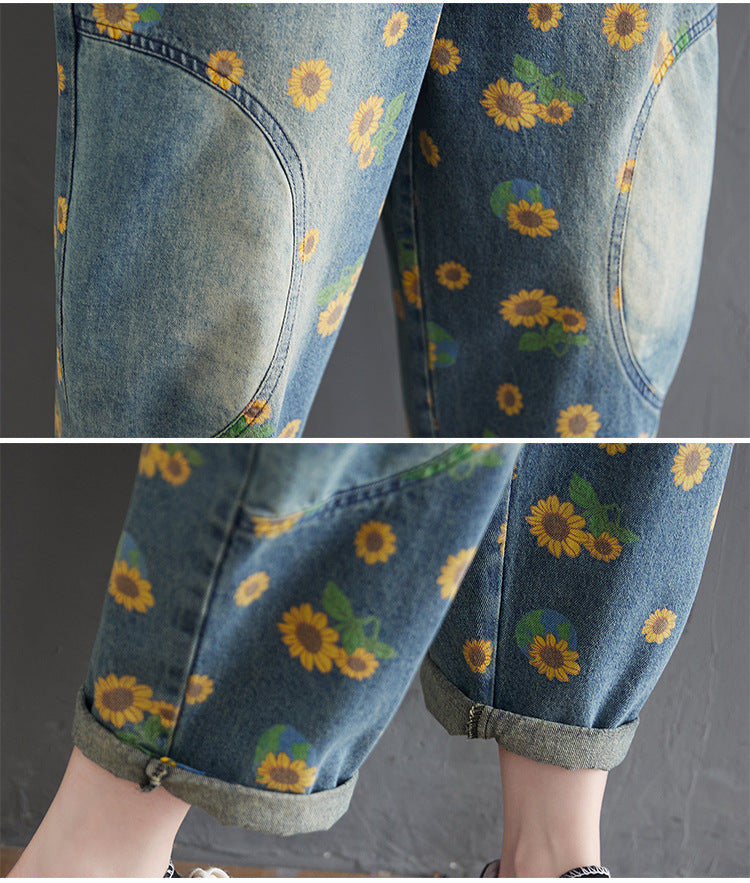 Sunflowers Print Denim Loose Overalls - Zen Breaker