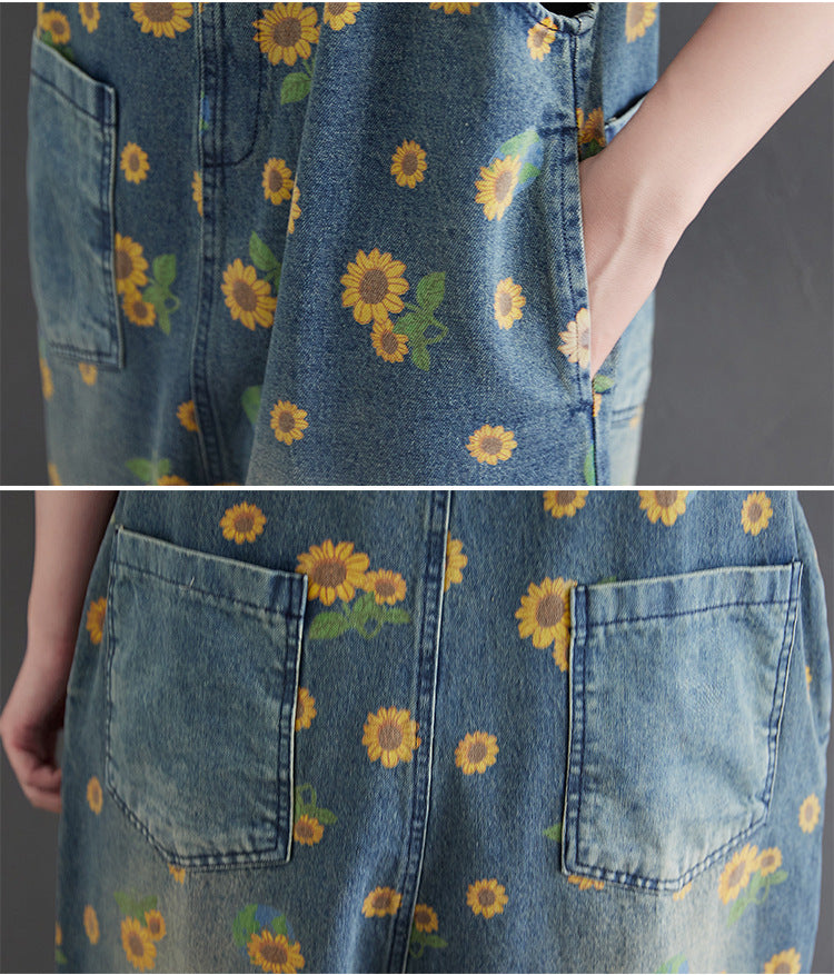 Sunflowers Print Denim Loose Overalls - Zen Breaker