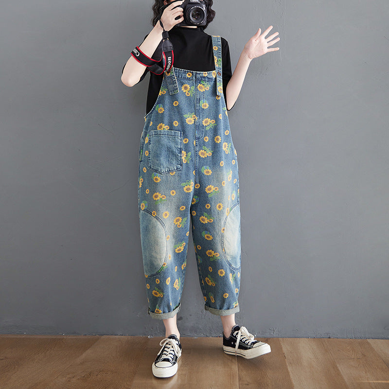 Sunflowers Print Denim Loose Overalls