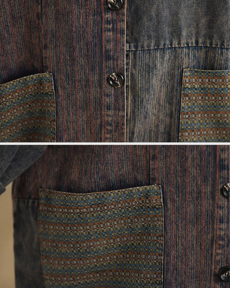 Close-up of a textured fabric with patterned pockets and buttons.