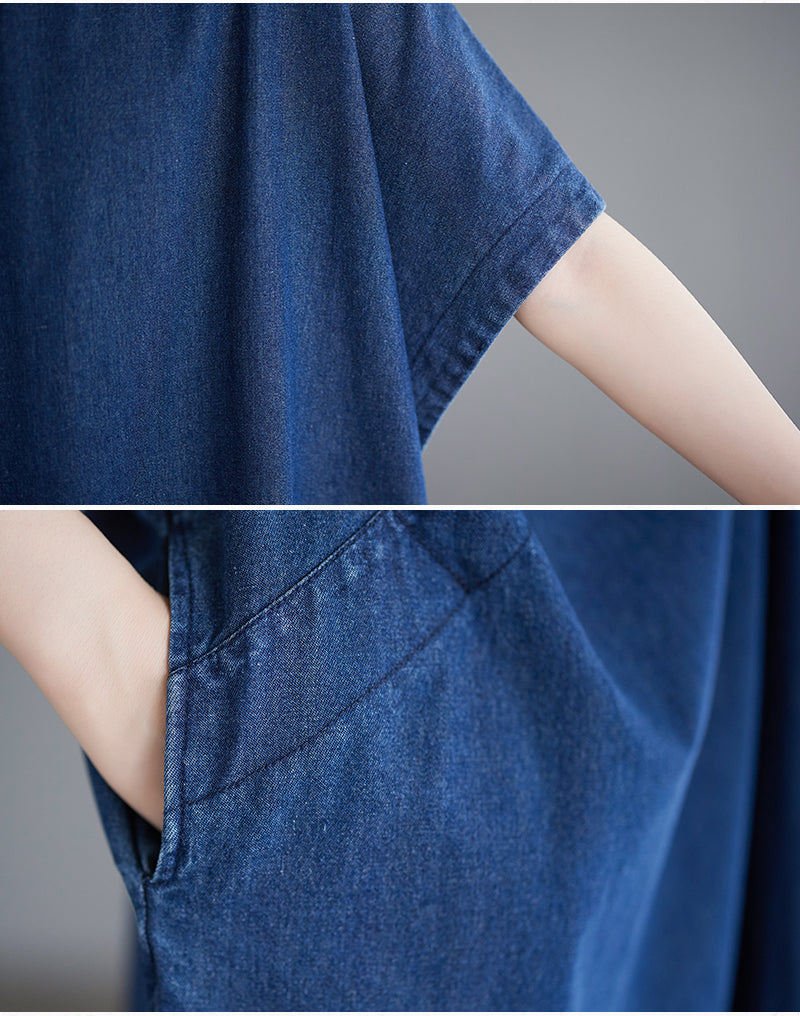 Close-up of a blue denim shirt with a focus on the fabric texture.