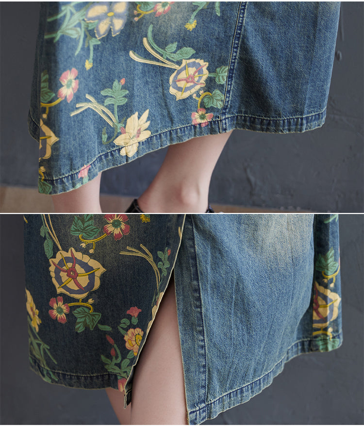 Denim shorts with floral embroidery on a dark background
