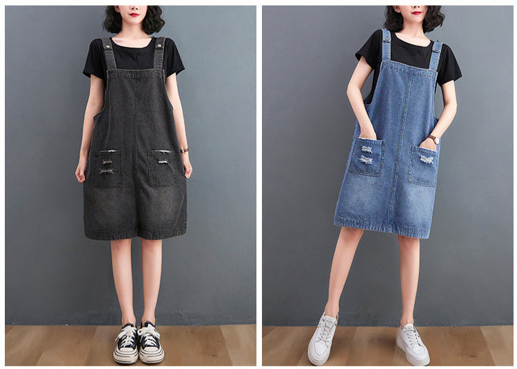 Two views of a person wearing a denim overalls dress against a gray background.