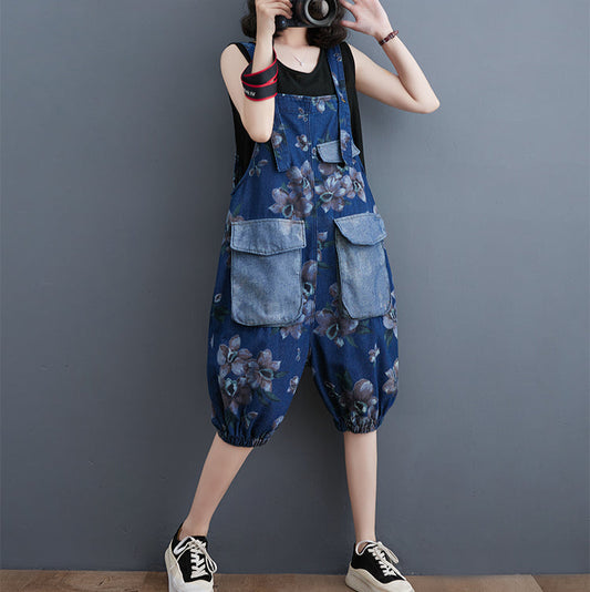 Vintage Floral Plus-Size Denim Overalls