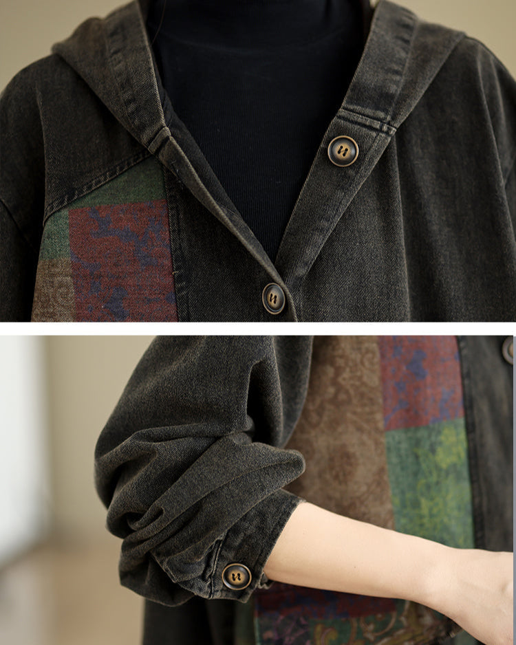 Close-up of a textured garment with button details and a blurred background