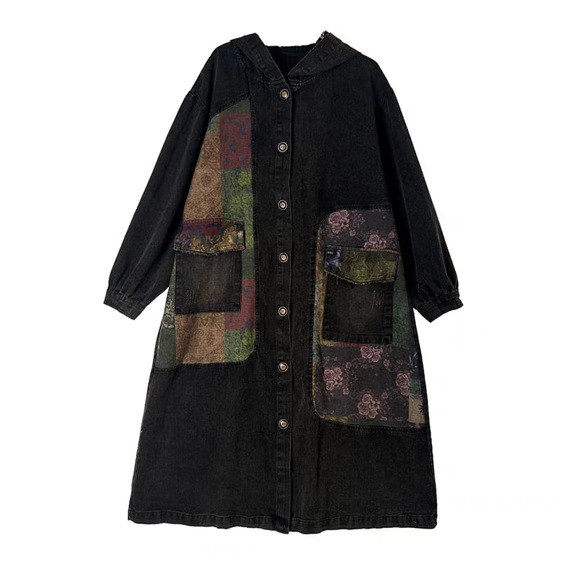 Black coat with patchwork pocket design on a white background