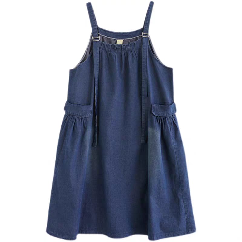 Blue denim dress with straps on a white background
