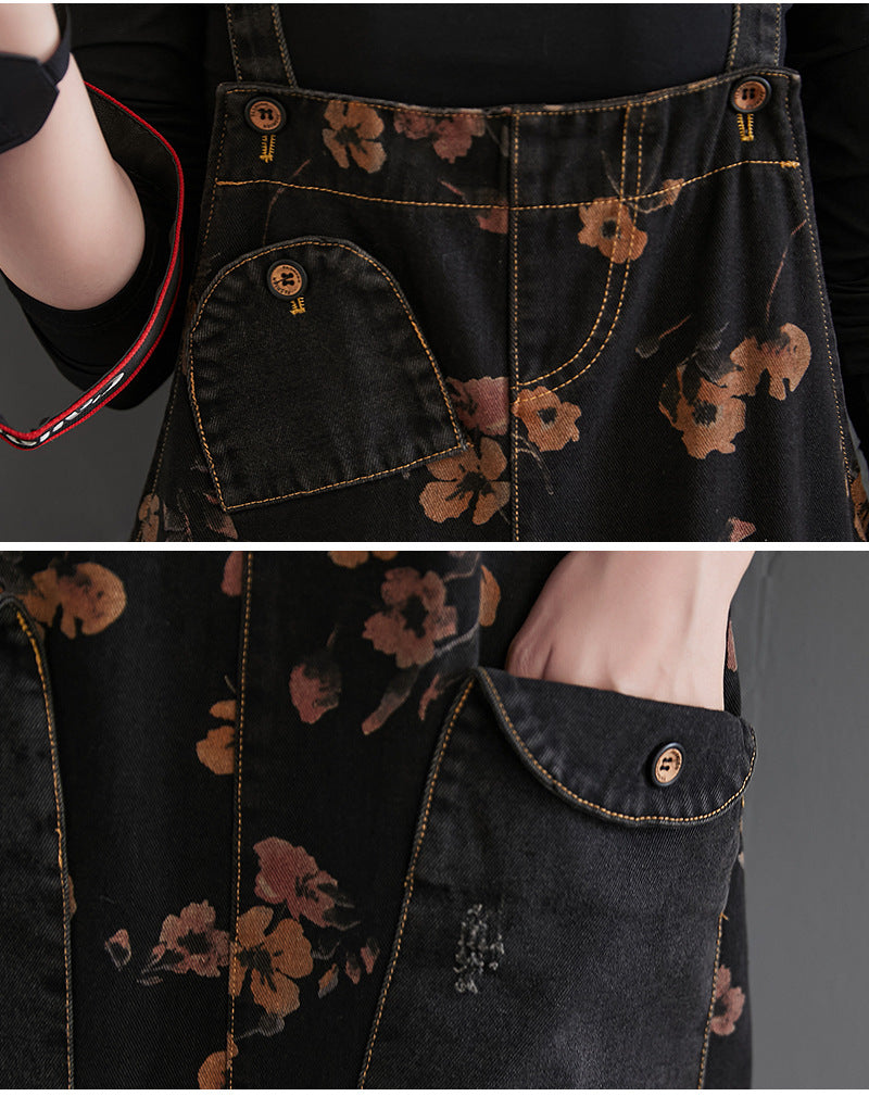 Black Denim Overalls Floral Print Dungaree - Zen Breaker