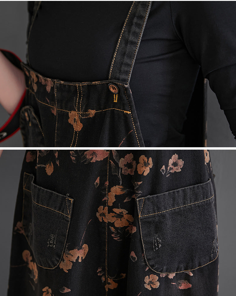 Black Denim Overalls Floral Print Dungaree - Zen Breaker