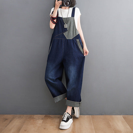 Contrast Patchwork Denim Overalls