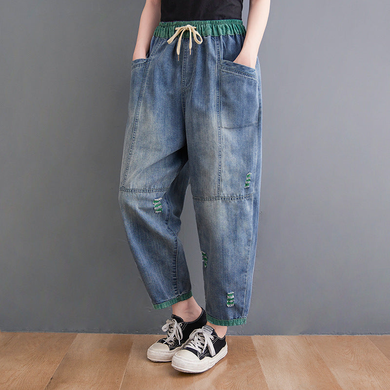 Elastic Waist Denim Tapered Jeans