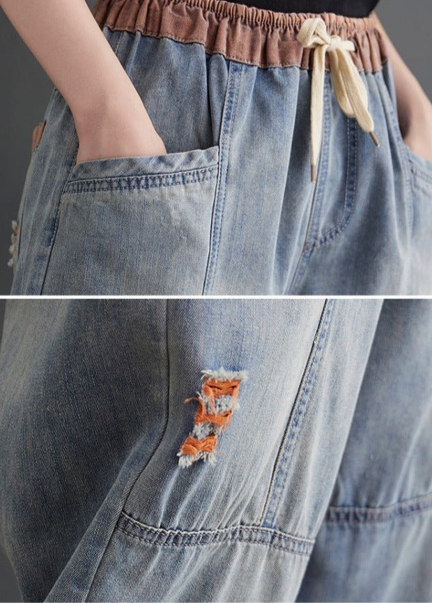 Elastic Waist Denim Tapered Denim Pants - Zen Breaker