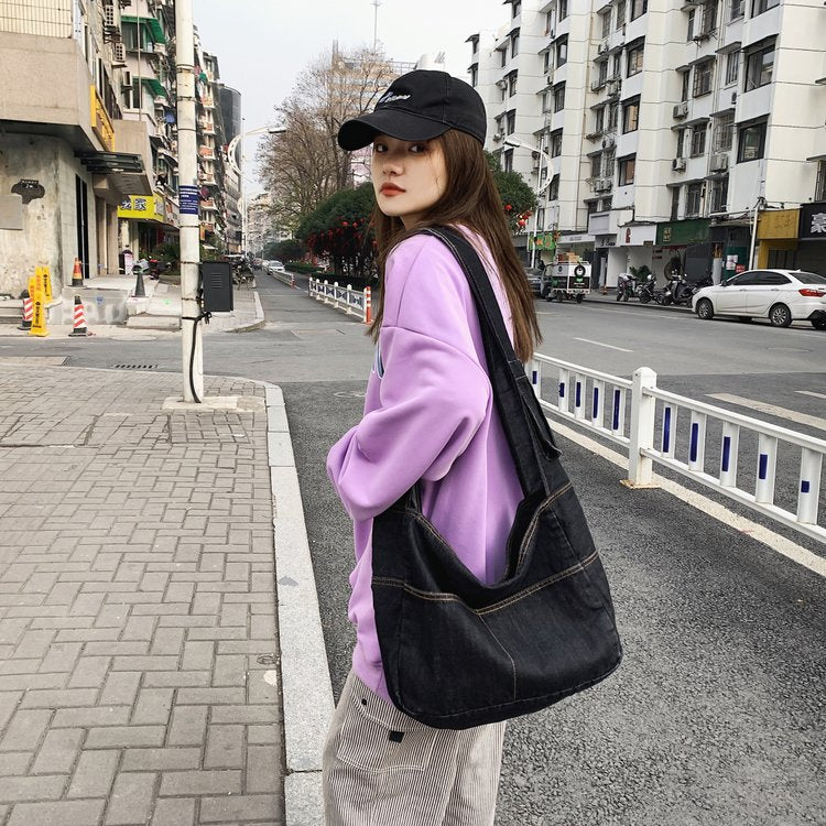 Quick-Access Phone Pocket Denim Shoulder Bag