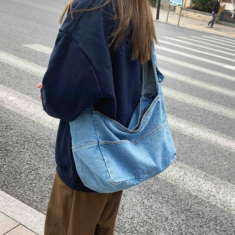Quick-Access Phone Pocket Denim Shoulder Bag