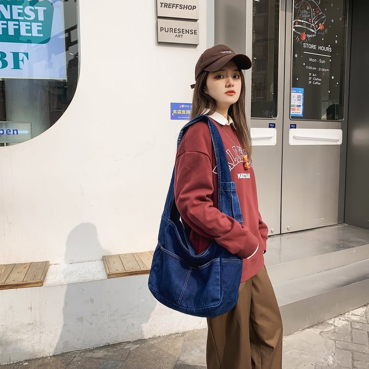 Quick-Access Phone Pocket Denim Shoulder Bag