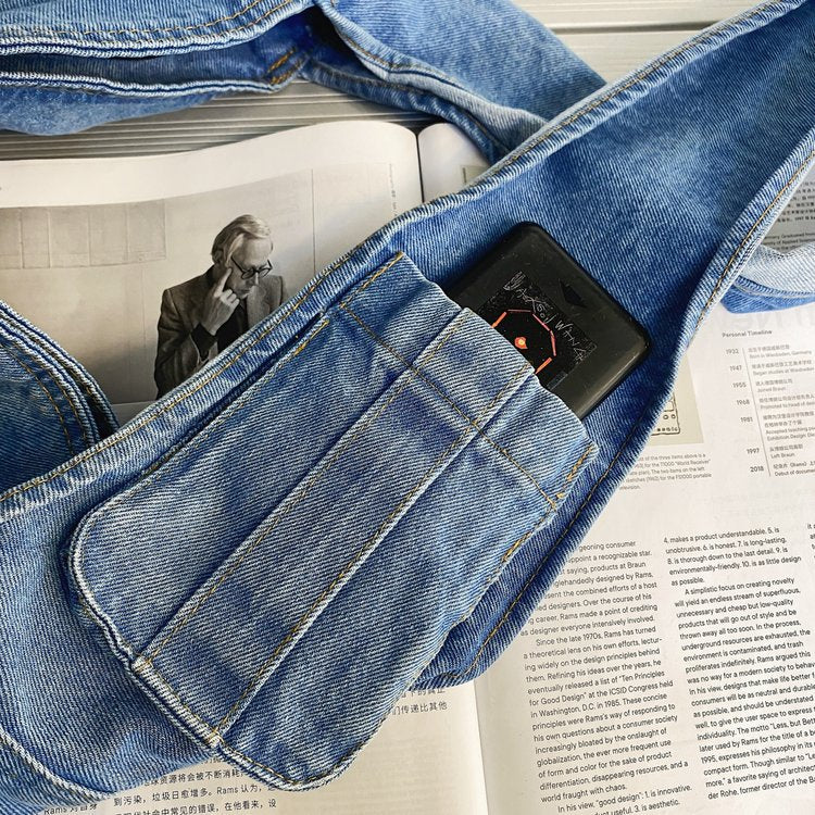 Quick-Access Phone Pocket Denim Shoulder Bag