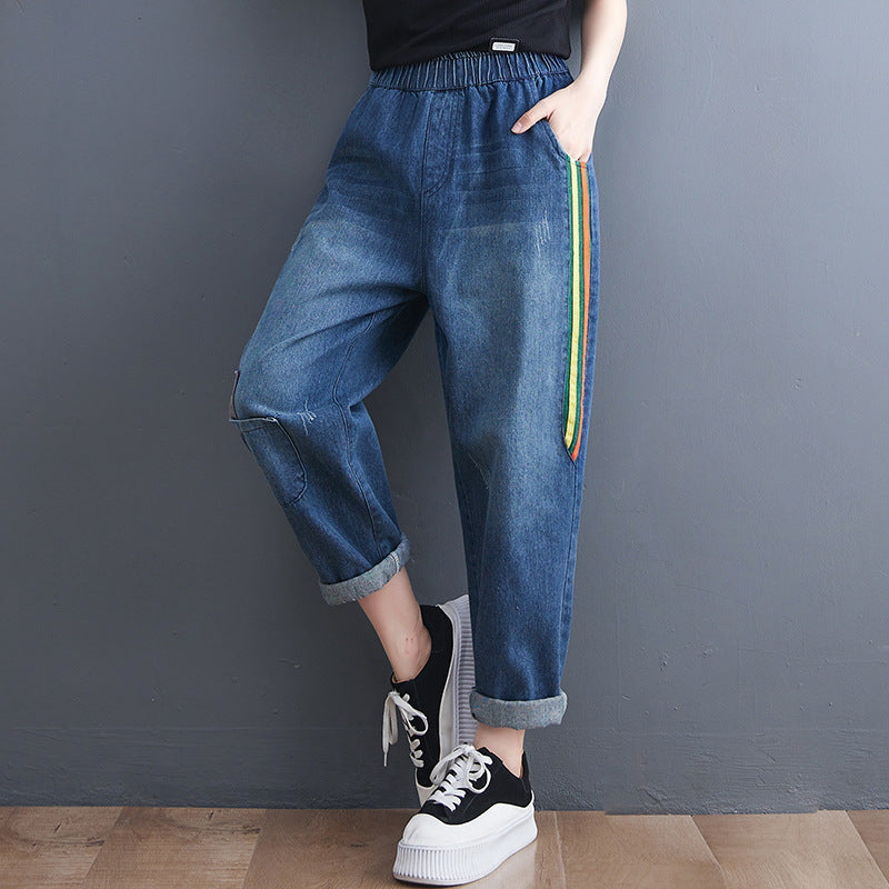 Striped and Checked Patchwork Denim Pants - Zen Breaker