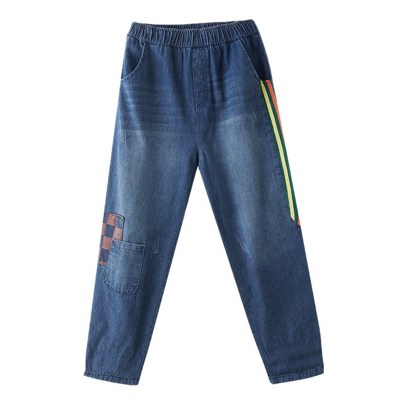 Striped and Checked Patchwork Denim Pants - Zen Breaker