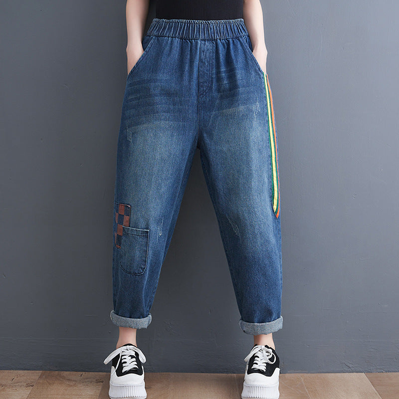 Striped and Checked Patchwork Denim Pants - Zen Breaker
