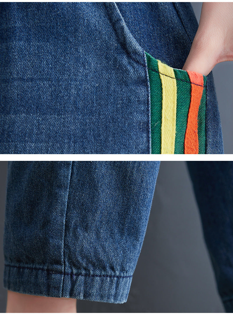 Striped and Checked Patchwork Denim Pants - Zen Breaker